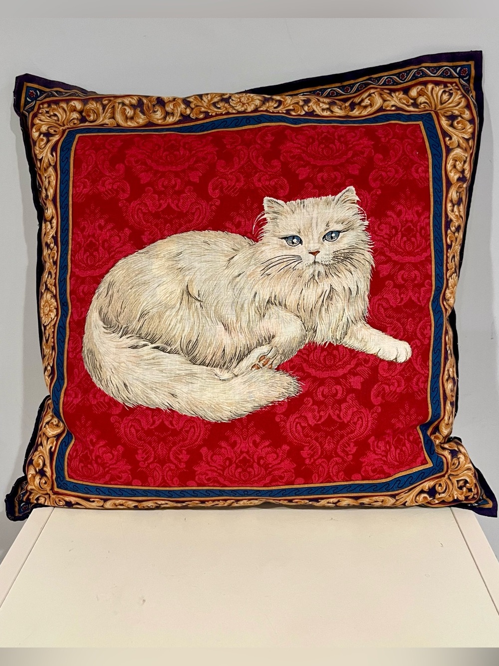 Vintage Cat Tapestry Pillow Woven Damask Gold Blue Border Reversible Square